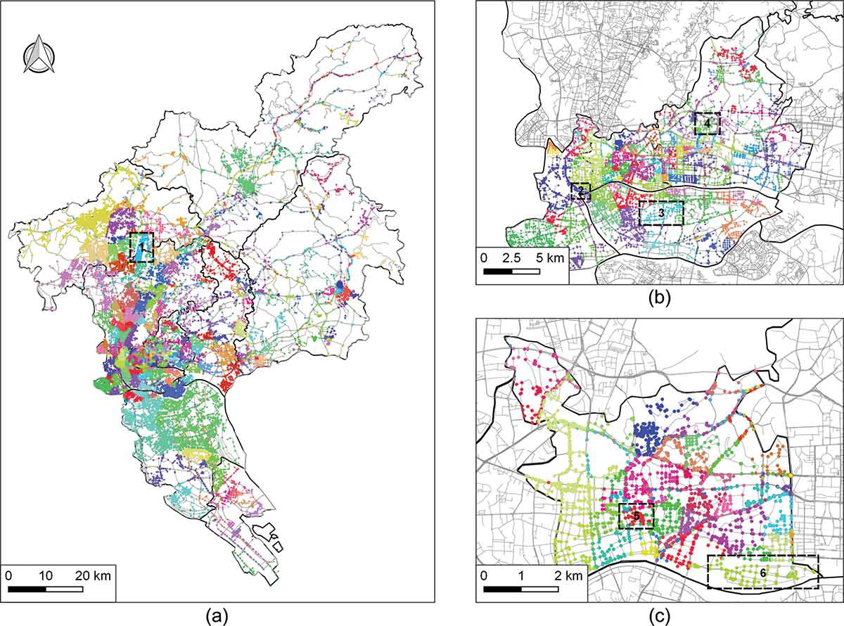 Hierarchical community detection and functional area identification with OSM roads and complex graph theory